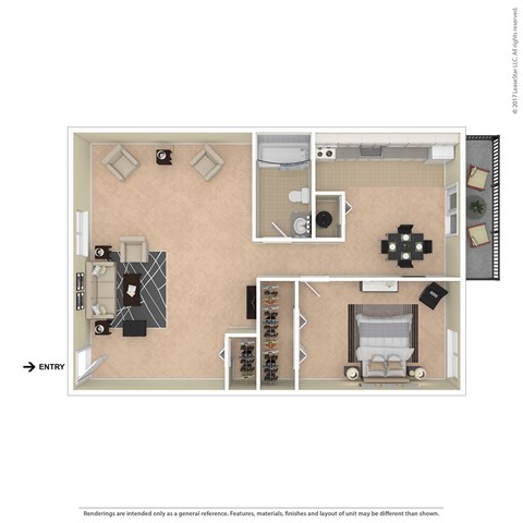 Floor plan for 1 bed, 1 bath, 657 sqft